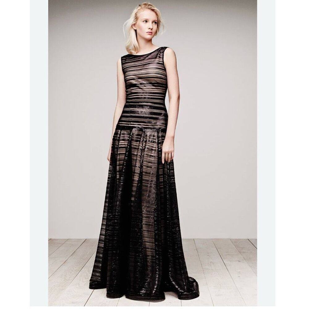 Tadashi Shoji Women's Size 6 Black Nude Sequin Embroidered Maxi Dress Resort Gow